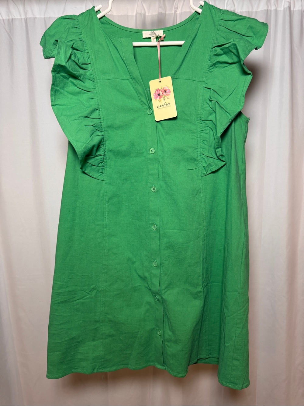 Entro Button Down Ruffle Detail Kelly Green Dress Womens Large NWT